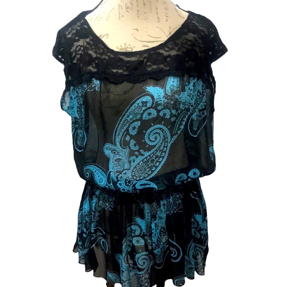 Studio Y Black Lace Sheer Mesh Blue Paisley Tunic Top Size M